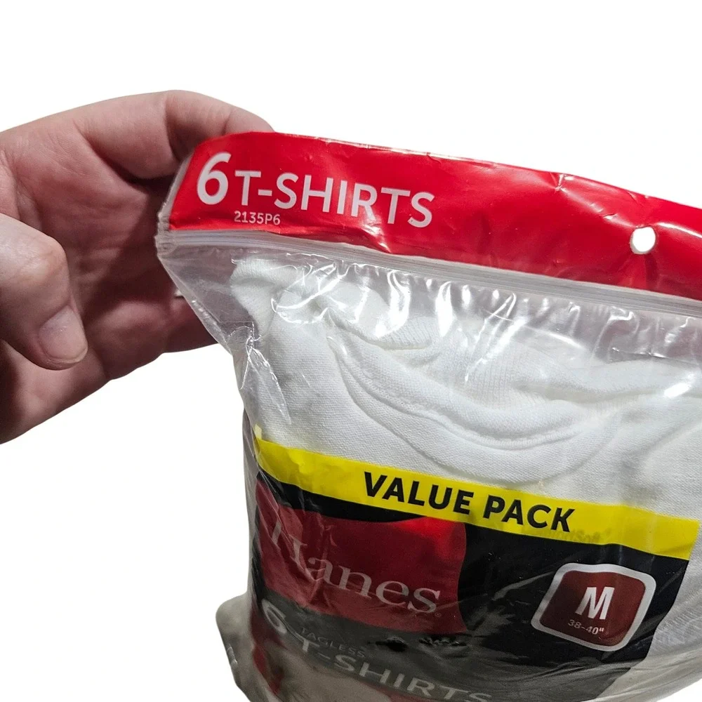 Hanes T-Shirts Mens Medium White 6-Pack Tagless Crew Neck Cotton Undershirts Tee